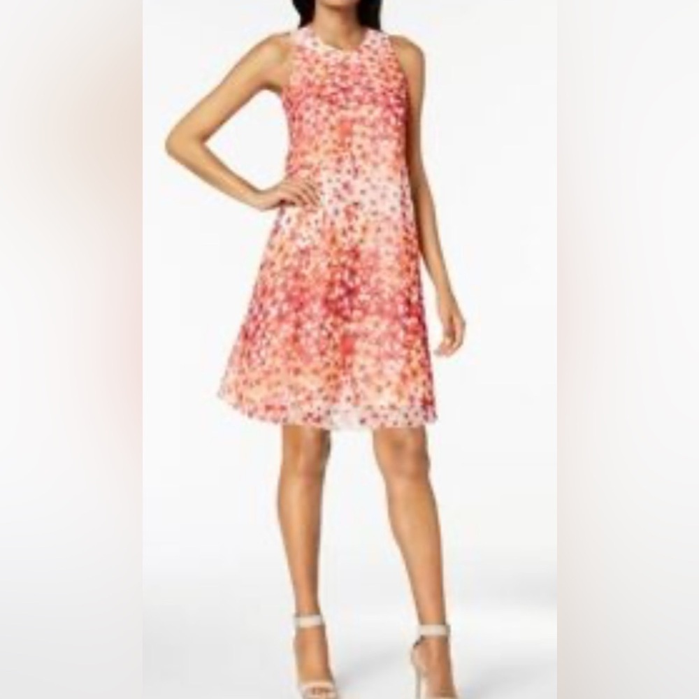 Calvin Klein Size 12 Sleeveless Floral Chiffon Dress Flowy High Neck Red